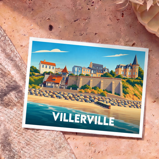 Carte postale souvenir de Villerville avec une illustration stylisée du front de mer et de ses maisons colorées.