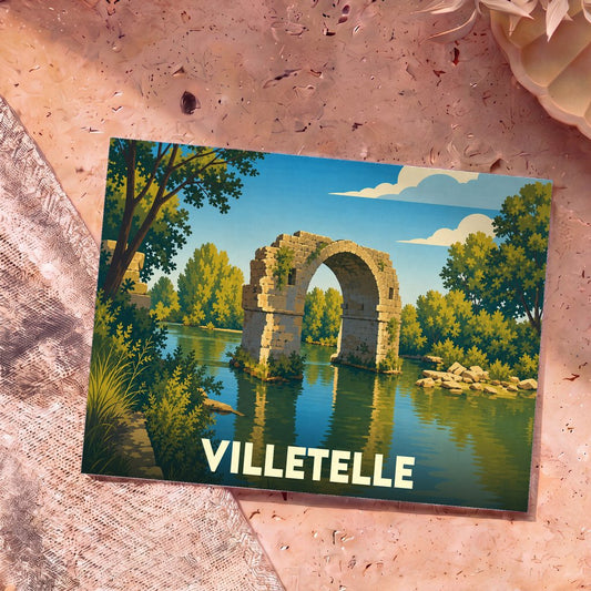 Carte postale souvenir de la ville de Villetelle illustrant un ancien pont de pierre en ruines au-dessus de l'eau.