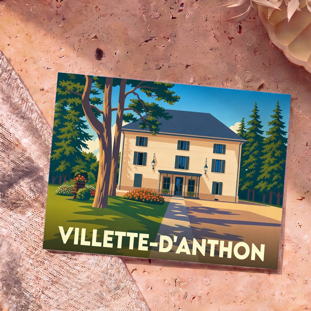 Carte postale souvenir de la ville de Villette-d'Anthon avec une illustration stylisée d'une demeure traditionnelle.