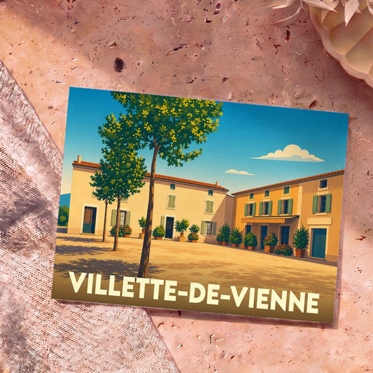 Carte postale souvenir de Villette-de-Vienne avec une illustration stylisée d'une place ensoleillée du village.