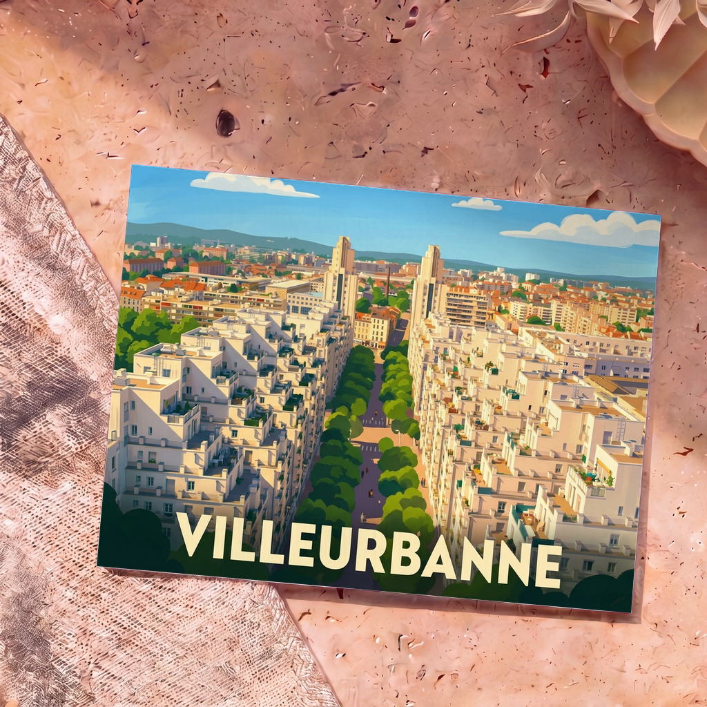 Carte postale souvenir de la ville de Villeurbanne avec une illustration stylisée du quartier des Gratte-ciel.