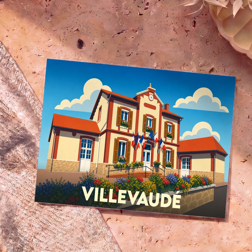 Carte postale souvenir de la ville de Villevaudé avec une illustration stylisée de sa mairie.