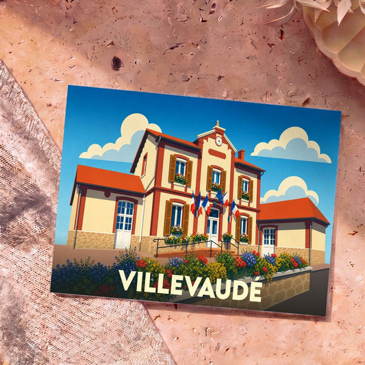 Carte postale souvenir de la ville de Villevaudé avec une illustration stylisée de sa mairie.