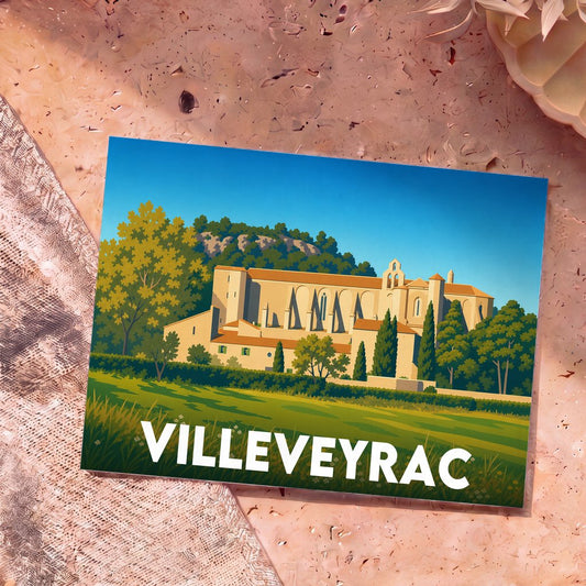 Carte postale souvenir de la ville de Villeveyrac avec une illustration stylisée de l'abbaye de Valmagne.