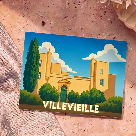 Carte postale souvenir de la ville de Villevieille avec une illustration stylisée de son château.