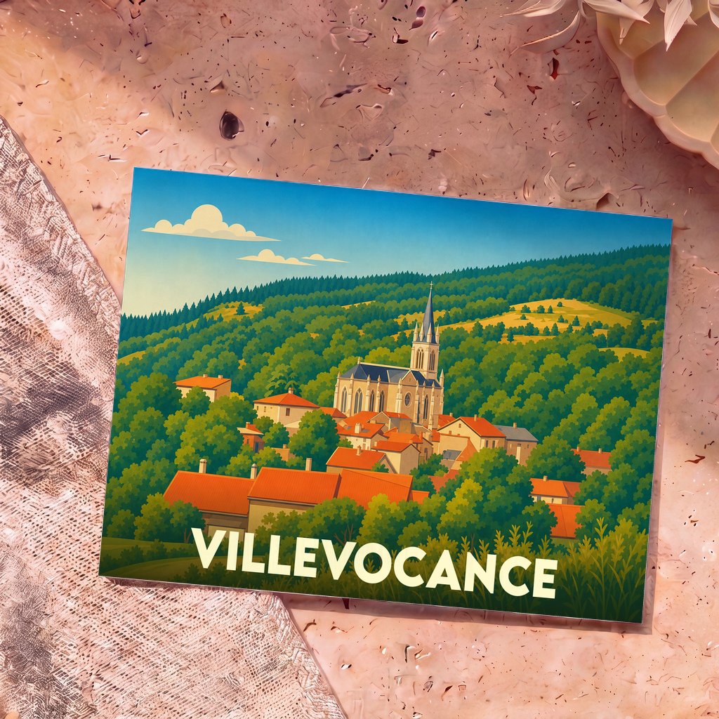Carte postale souvenir de la ville de Villevocance avec une illustration stylisée de son église et de ses collines verdoyantes.