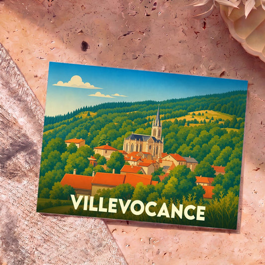 Carte postale souvenir de la ville de Villevocance avec une illustration stylisée de son église et de ses collines verdoyantes.