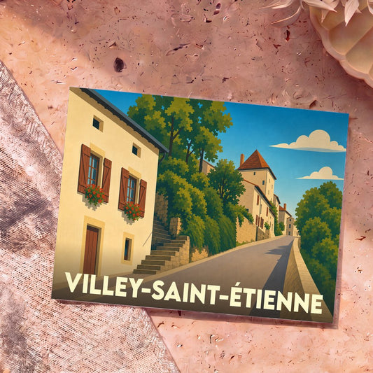 Carte postale souvenir de la ville de Villey-Saint-Étienne avec une illustration stylisée d'une rue pittoresque.