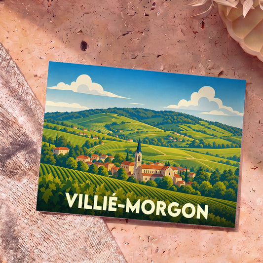 Carte postale souvenir de Villié-Morgon illustrant un paysage de vignobles et de collines dans un style graphique.