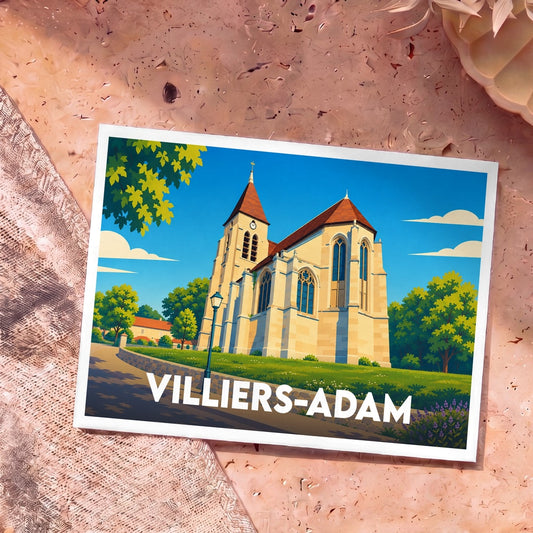 Carte postale souvenir de la ville de Villiers-Adam avec une illustration stylisée de son église sous un ciel bleu.