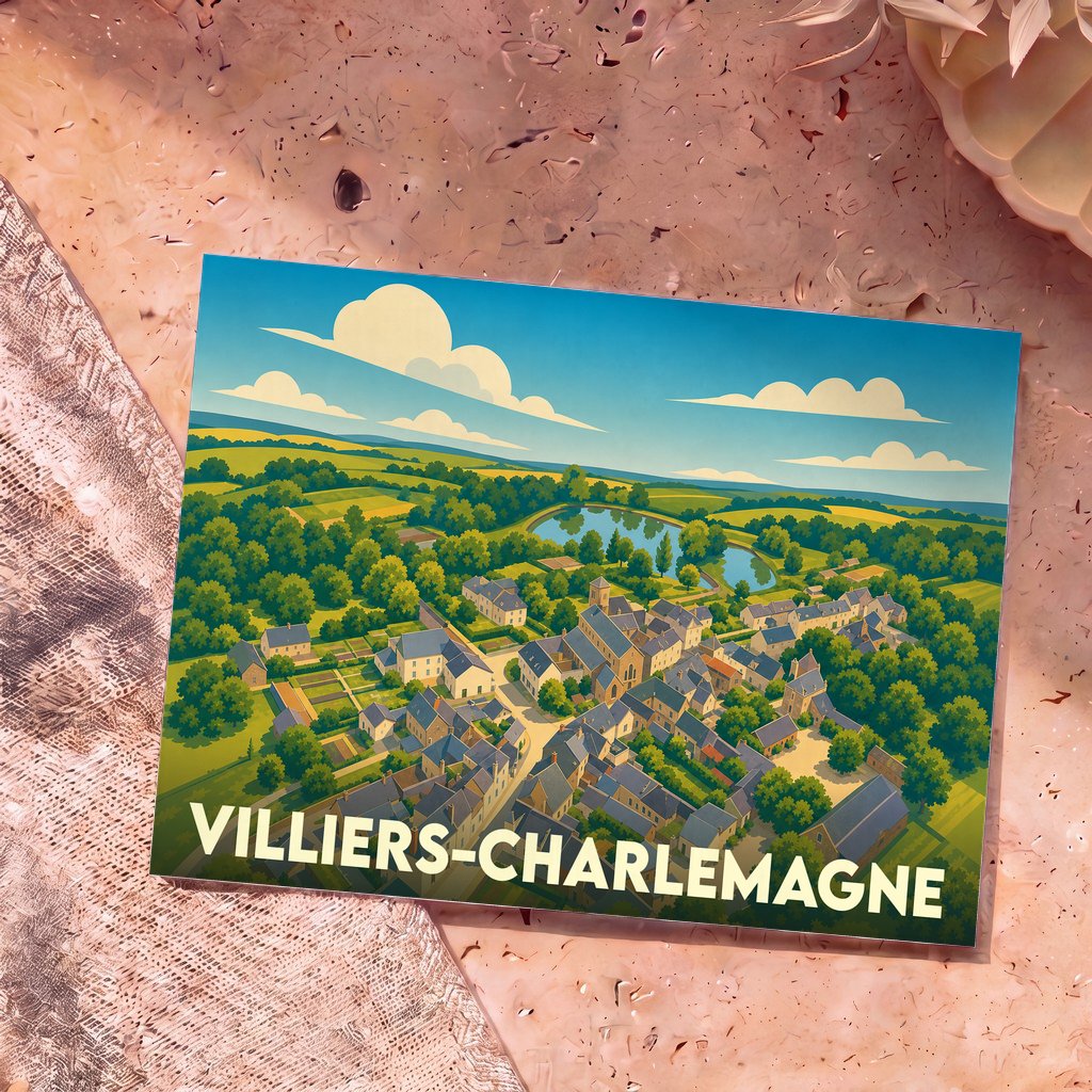 Carte postale souvenir de la ville de Villiers-Charlemagne avec une illustration stylisée d'un village verdoyant.