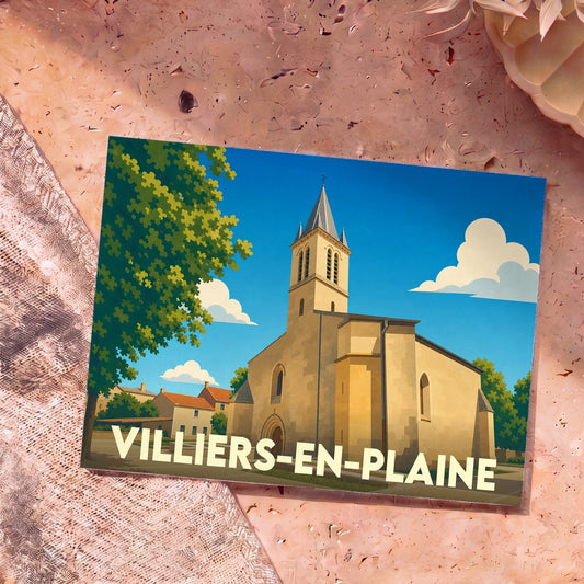 Carte postale souvenir de la ville de Villiers-en-Plaine avec une illustration stylisée de son église sous un ciel bleu.