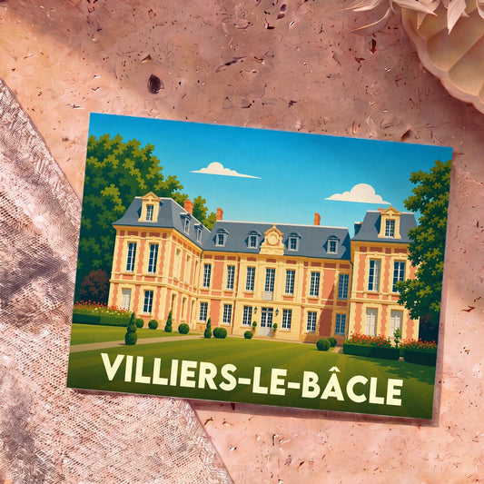 Carte postale souvenir de la ville de Villiers-le-Bâcle représentant une illustration stylisée d'un château.