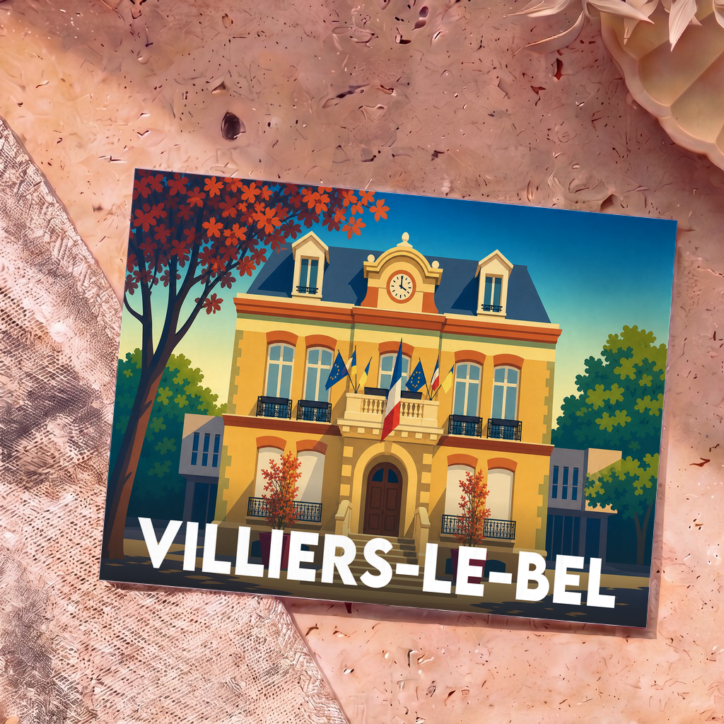 Carte postale souvenir de la ville de Villiers-le-Bel avec une illustration stylisée de son hôtel de ville.