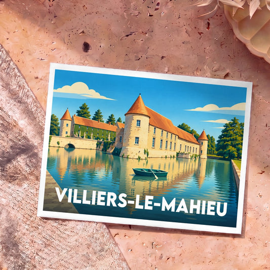 Carte postale souvenir de la ville de Villiers-le-Mahieu illustrant son château au bord de l'eau dans un style rétro.
