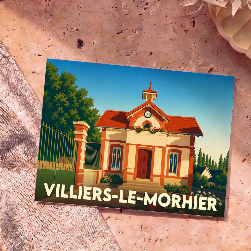 Carte postale souvenir de la ville de Villiers-le-Morhier avec une illustration stylisée de sa mairie.