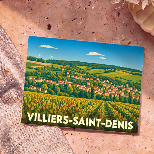 Carte postale souvenir de la ville de Villiers-Saint-Denis avec une illustration stylisée de son paysage vallonné et de ses vignobles.