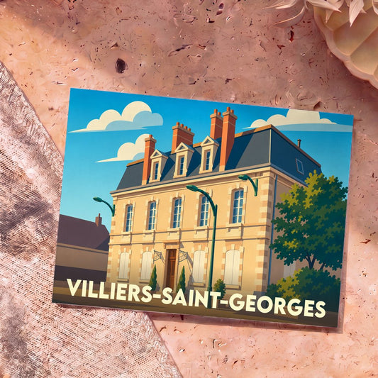 Carte postale souvenir de la ville de Villiers-Saint-Georges avec une illustration stylisée de sa mairie.