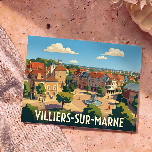 Carte postale souvenir de la ville de Villiers-sur-Marne avec une illustration stylisée.