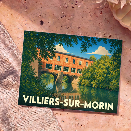 Carte postale souvenir de la ville de Villiers-sur-Morin avec une illustration stylisée d'un bâtiment à colombages sur un pont.
