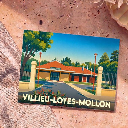 Carte postale souvenir de la commune de Villieu-Loyes-Mollon avec une illustration stylisée de son centre polyvalent.