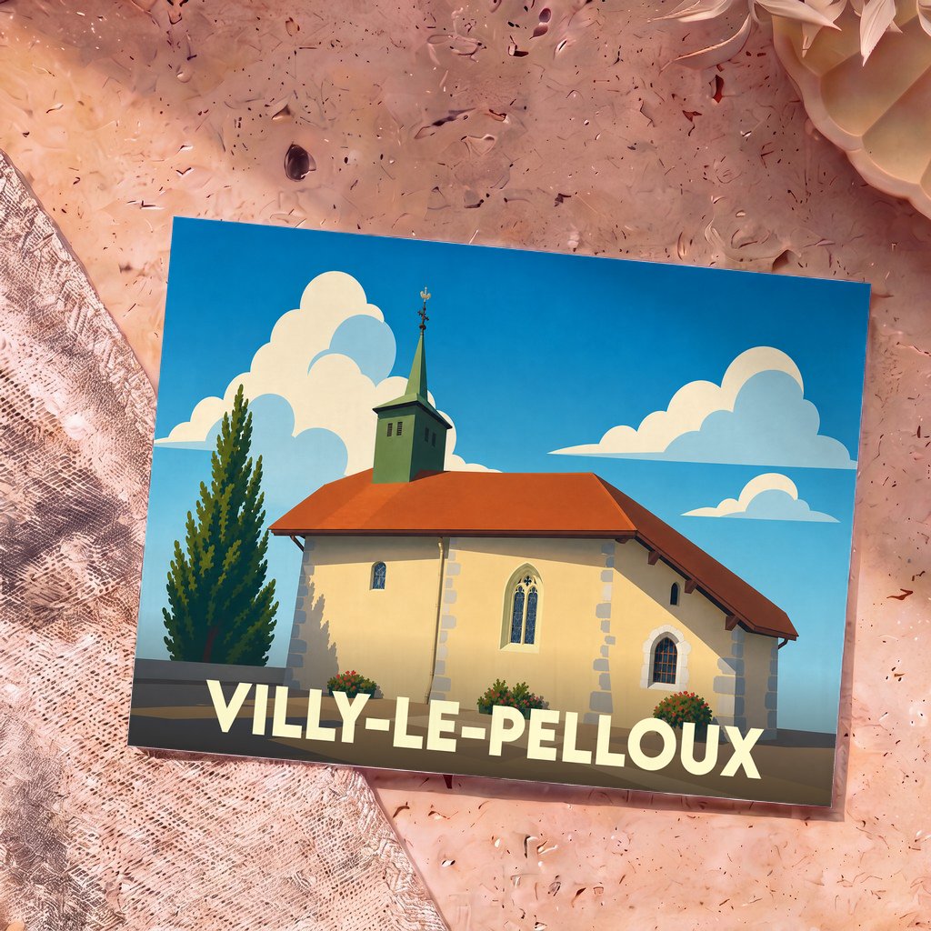 Carte postale souvenir de la ville de Villy-le-Pelloux avec une illustration stylisée de son église.