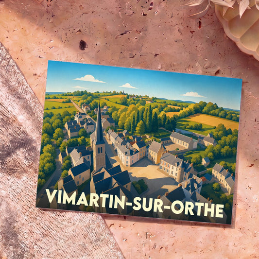 Carte postale souvenir de Vimartin-sur-Orthe avec une illustration stylisée du village vu du ciel.