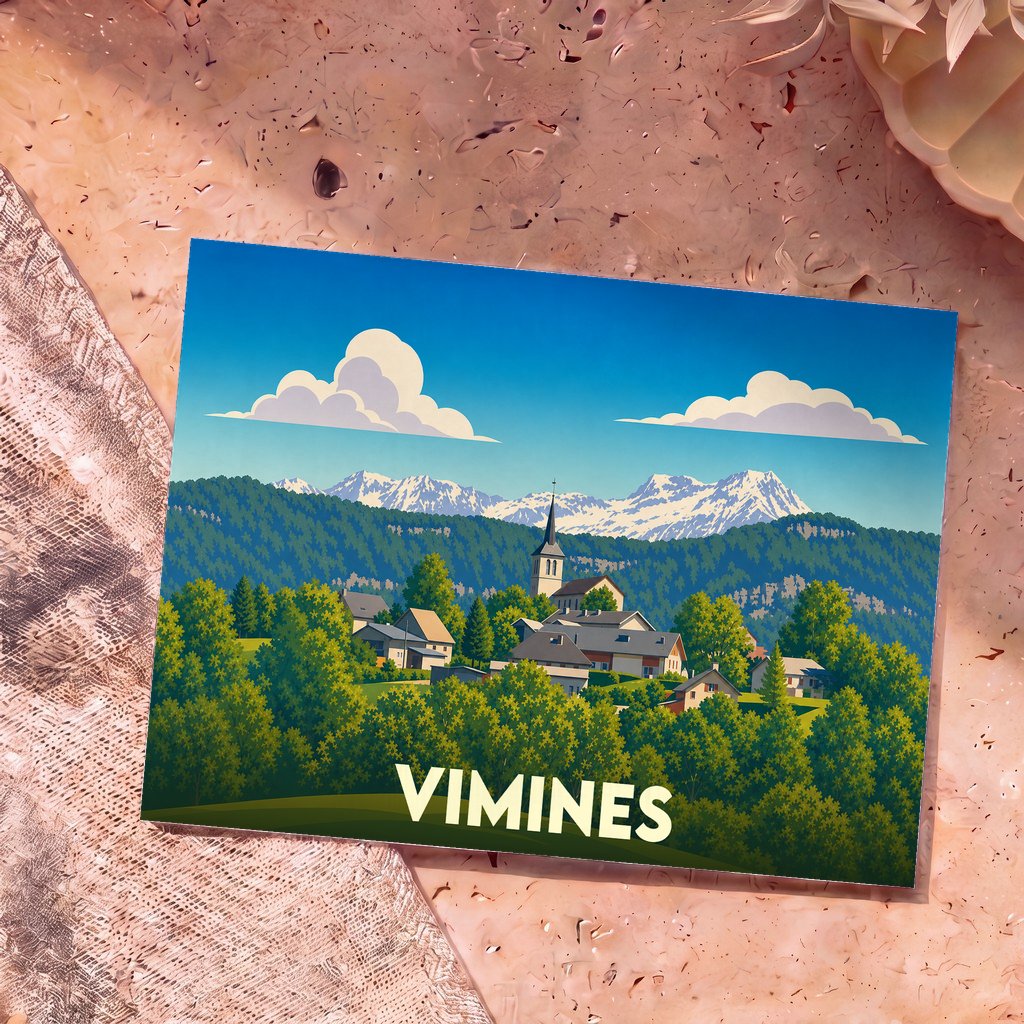 Carte postale souvenir de la commune de Vimines avec une illustration stylisée d'un village de montagne.