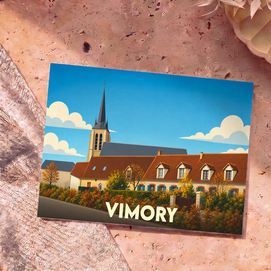 Carte postale souvenir de la ville de Vimory illustrant son église et ses maisons dans un style graphique épuré.