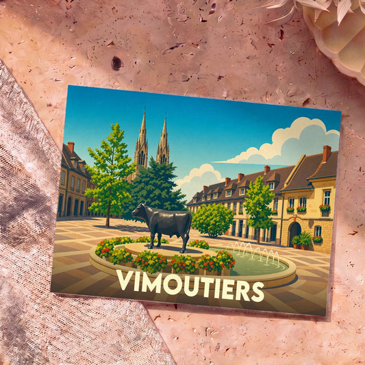 Carte postale souvenir de la ville de Vimoutiers avec une illustration stylisée de sa place principale et de sa célèbre statue de vache.