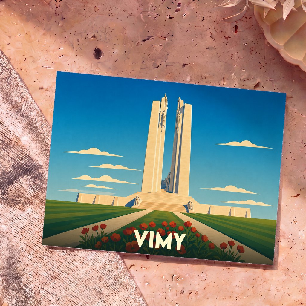 Carte postale souvenir de la ville de Vimy représentant son monument commémoratif avec une illustration stylisée.