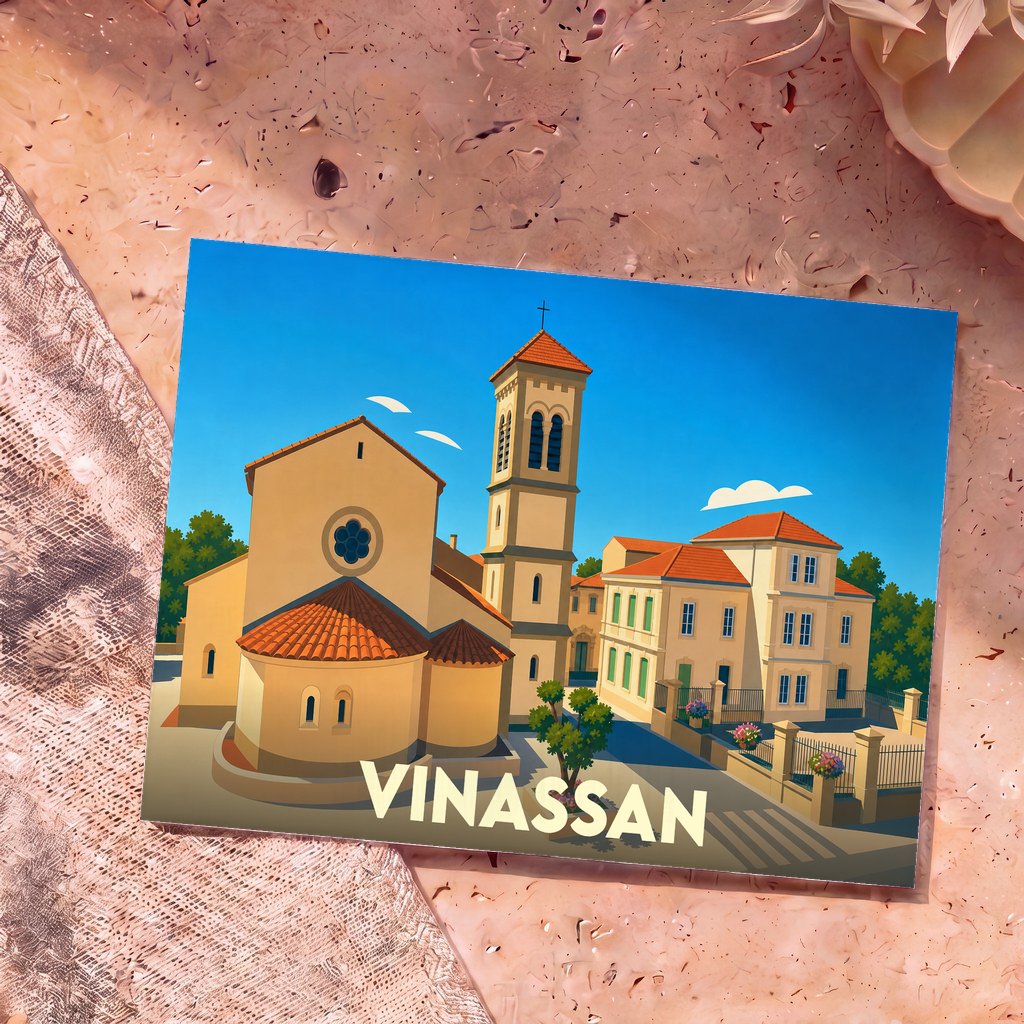 Carte postale souvenir de la ville de Vinassan avec une illustration stylisée de son église et de ses bâtiments ensoleillés.