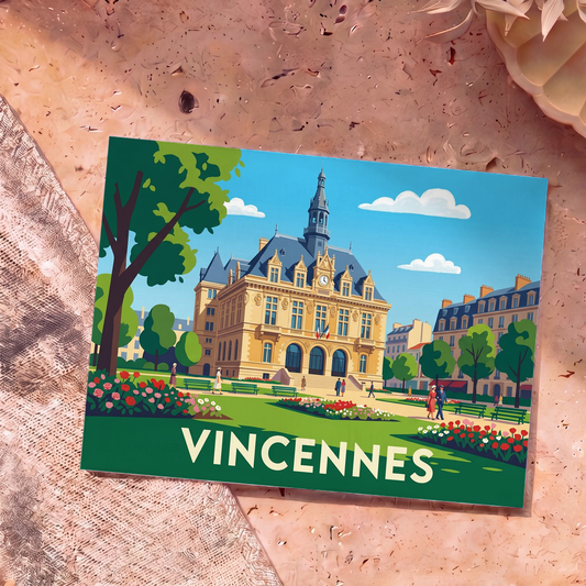 Carte postale souvenir de la ville de Vincennes avec une illustration colorée de l'hôtel de ville et ses jardins.