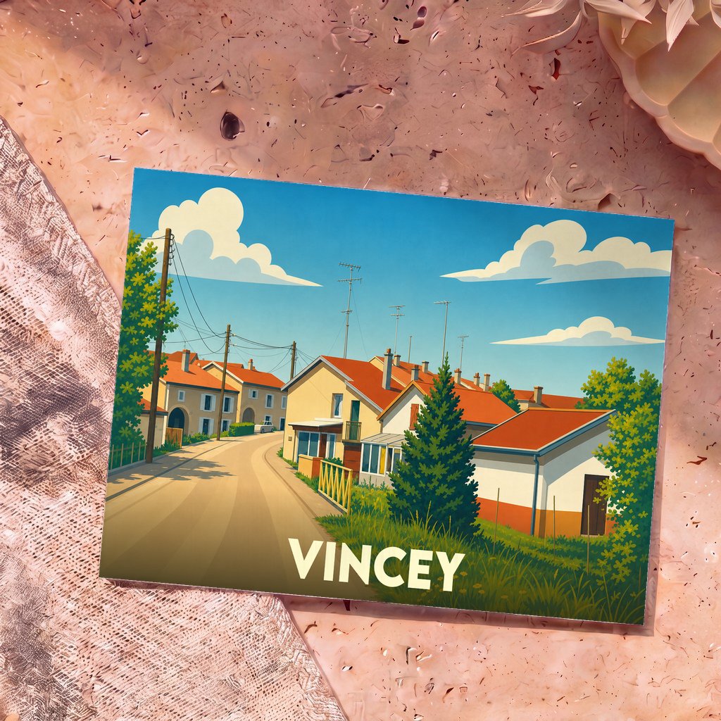 Carte postale souvenir de la ville de Vincey avec une illustration stylisée de ses maisons et rues.