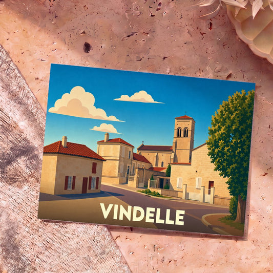 Carte postale souvenir de la ville de Vindelle avec une illustration stylisée de son église et de ses maisons en pierre.