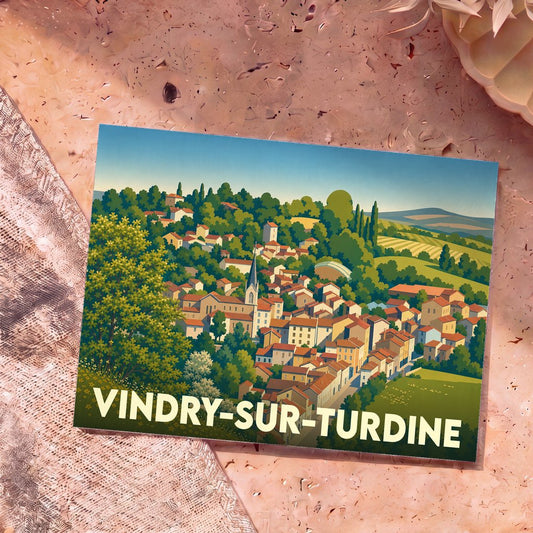 Carte postale souvenir de la ville de Vindry-sur-Turdine avec une illustration stylisée d'un village vallonné.