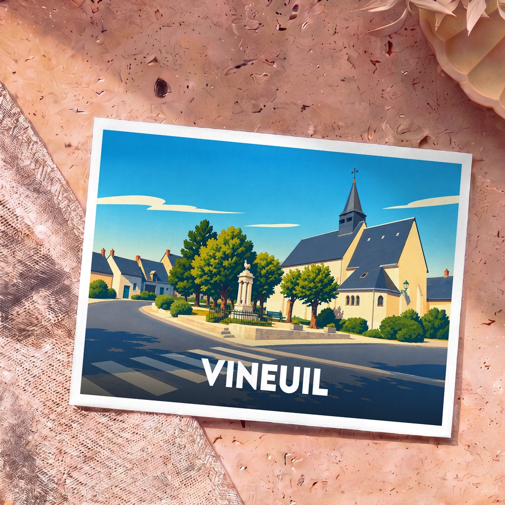 Carte postale souvenir de la ville de Vineuil avec une illustration stylisée de son église et de sa place centrale.