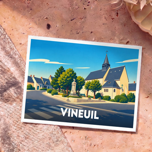 Carte postale souvenir de la ville de Vineuil avec une illustration stylisée de son église et de sa place centrale.