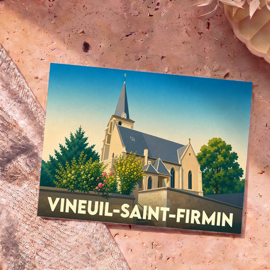 Carte postale souvenir de la ville de Vineuil-Saint-Firmin illustrant son église dans un style graphique épuré.