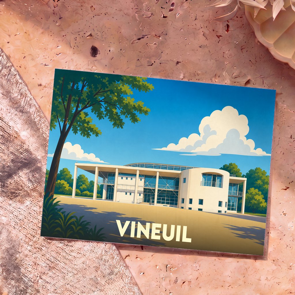 Carte postale souvenir de la ville de Vineuil avec une illustration stylisée de son complexe sportif.