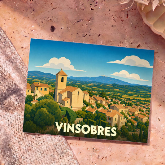 Carte postale souvenir de la ville de Vinsobres avec une illustration stylisée de ses paysages et de son église.