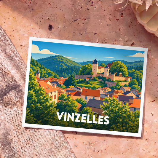 Carte postale souvenir de la ville de Vinzelles avec une illustration stylisée de son château et de ses toits rouges.