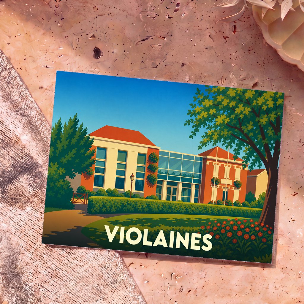 Carte postale souvenir de la ville de Violaines présentant une illustration colorée de l'hôtel de ville.