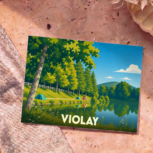 Carte postale souvenir de la ville de Violay avec une illustration stylisée d'un bord de lac ensoleillé.