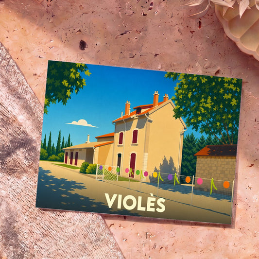 Carte postale souvenir de la ville de Violès avec une illustration stylisée d'une maison provençale sous un ciel bleu.
