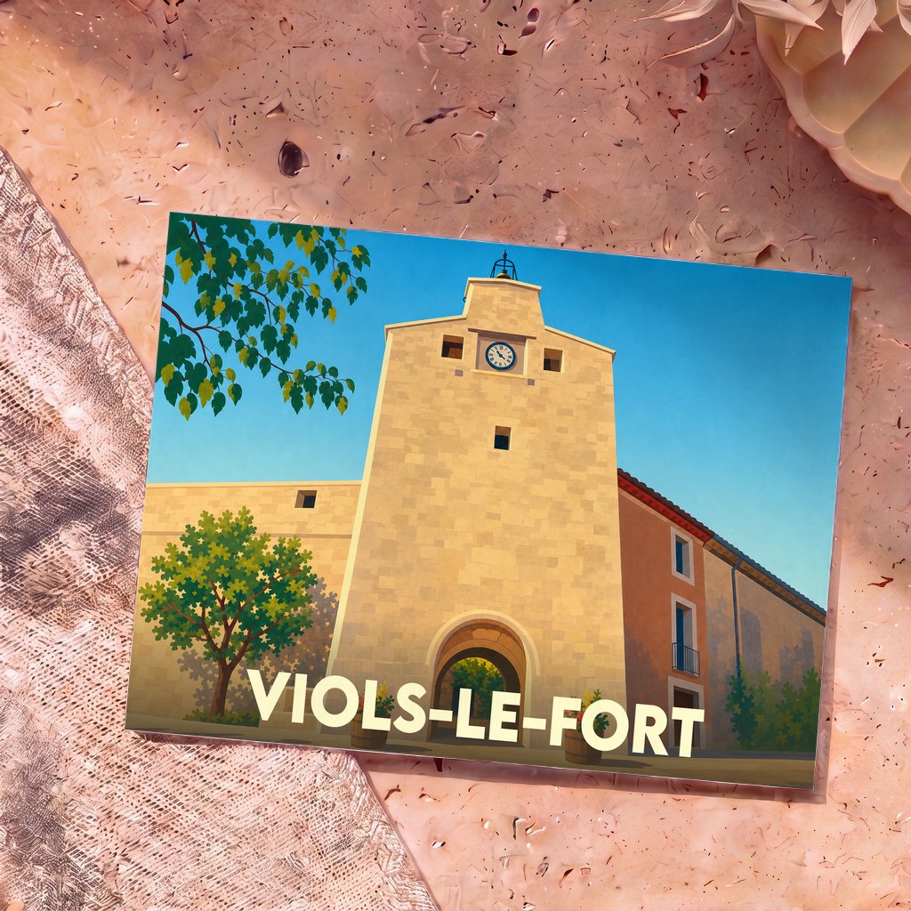 Carte postale souvenir de la ville de Viols-le-Fort avec une illustration stylisée de sa tour médiévale.