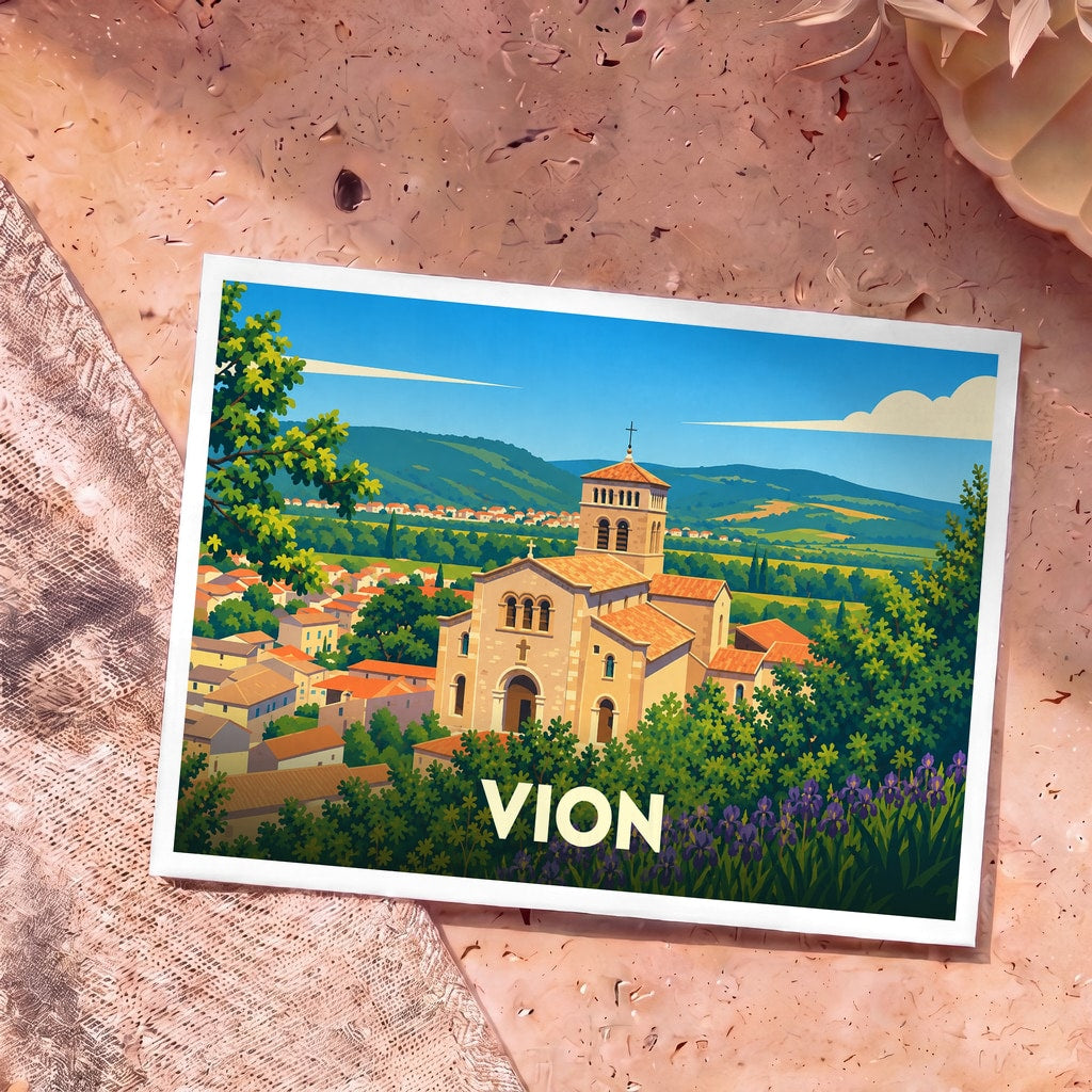 Carte postale souvenir de la ville de Vion avec une illustration stylisée de son église et du paysage ardéchois.