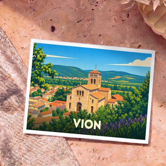Carte postale souvenir de la ville de Vion avec une illustration stylisée de son église et du paysage ardéchois.