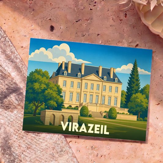 Carte postale souvenir de la ville de Virazeil avec une illustration stylisée d'un château.