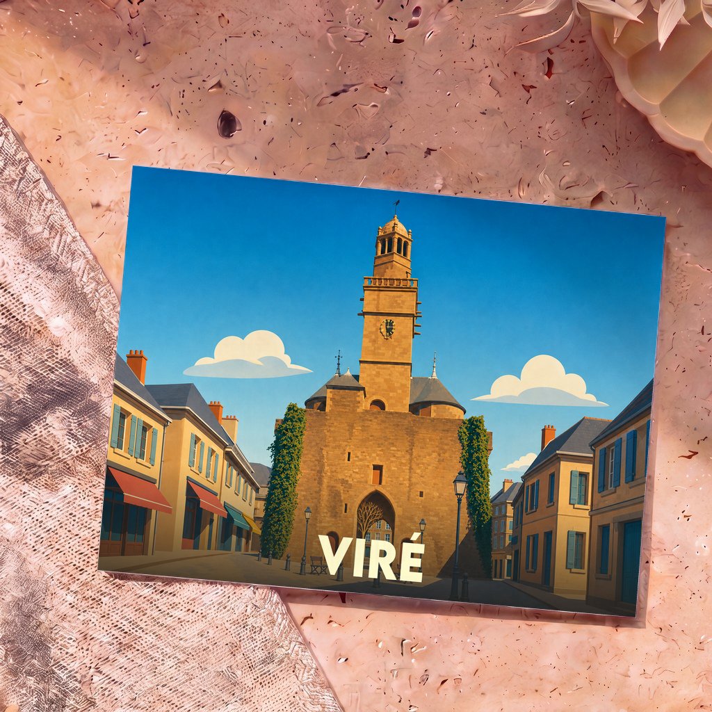 Carte postale souvenir de la ville de Viré avec une illustration stylisée de sa porte monumentale.